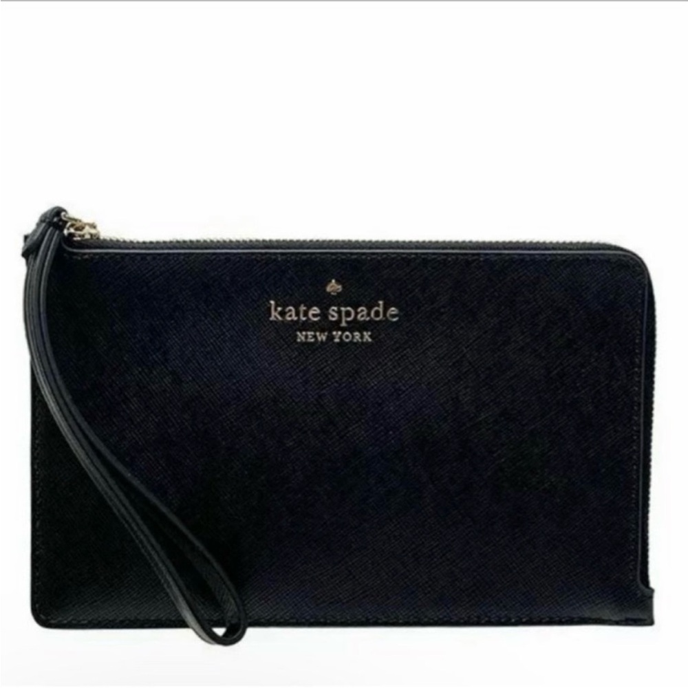 New Kate Spade Staci Medium L-Zip Black Leather Wristlet Classic Wallet